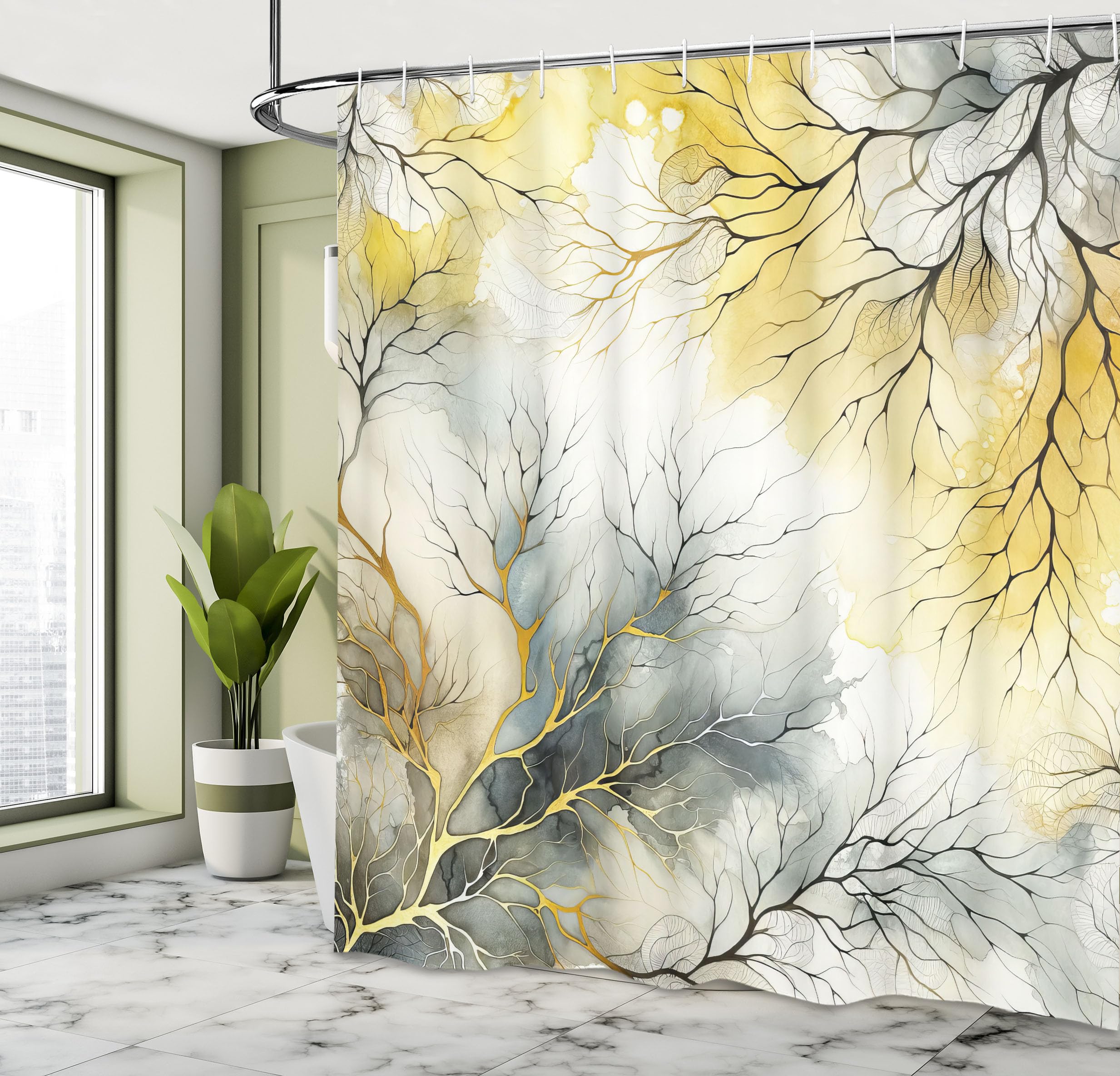 Ambesonne Yellow Shower Curtain, Modern Watercolor Look Backdrop With Leafless Branch Huddle Print Boho, Cloth Fabric Bathroom D